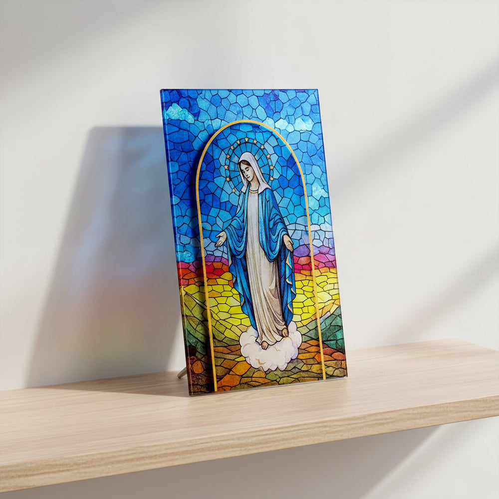 Quadro Madonna Miracolosa in vetro – Immagine sacra da tavolo o da appendere con basetta – 13 × 18 cm