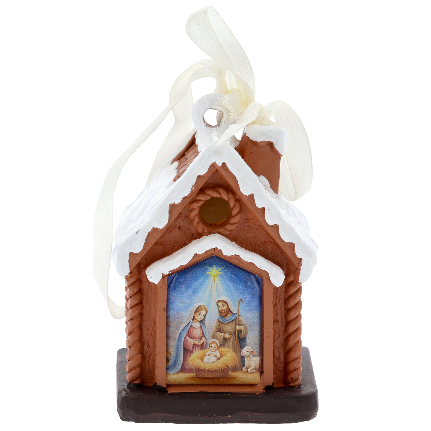 Casetta Natività con luce LED. Decorazione natalizia con Sacra Famiglia. Altezza 7 cm
