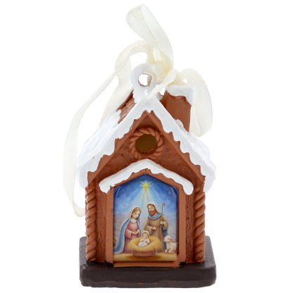 Casetta Natività con luce LED. Decorazione natalizia con Sacra Famiglia. Altezza 7 cm