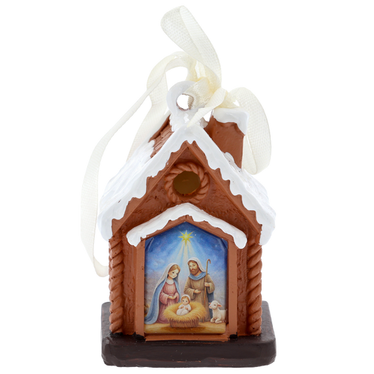 Casetta Natività con luce LED. Decorazione natalizia con Sacra Famiglia. Altezza 7 cm
