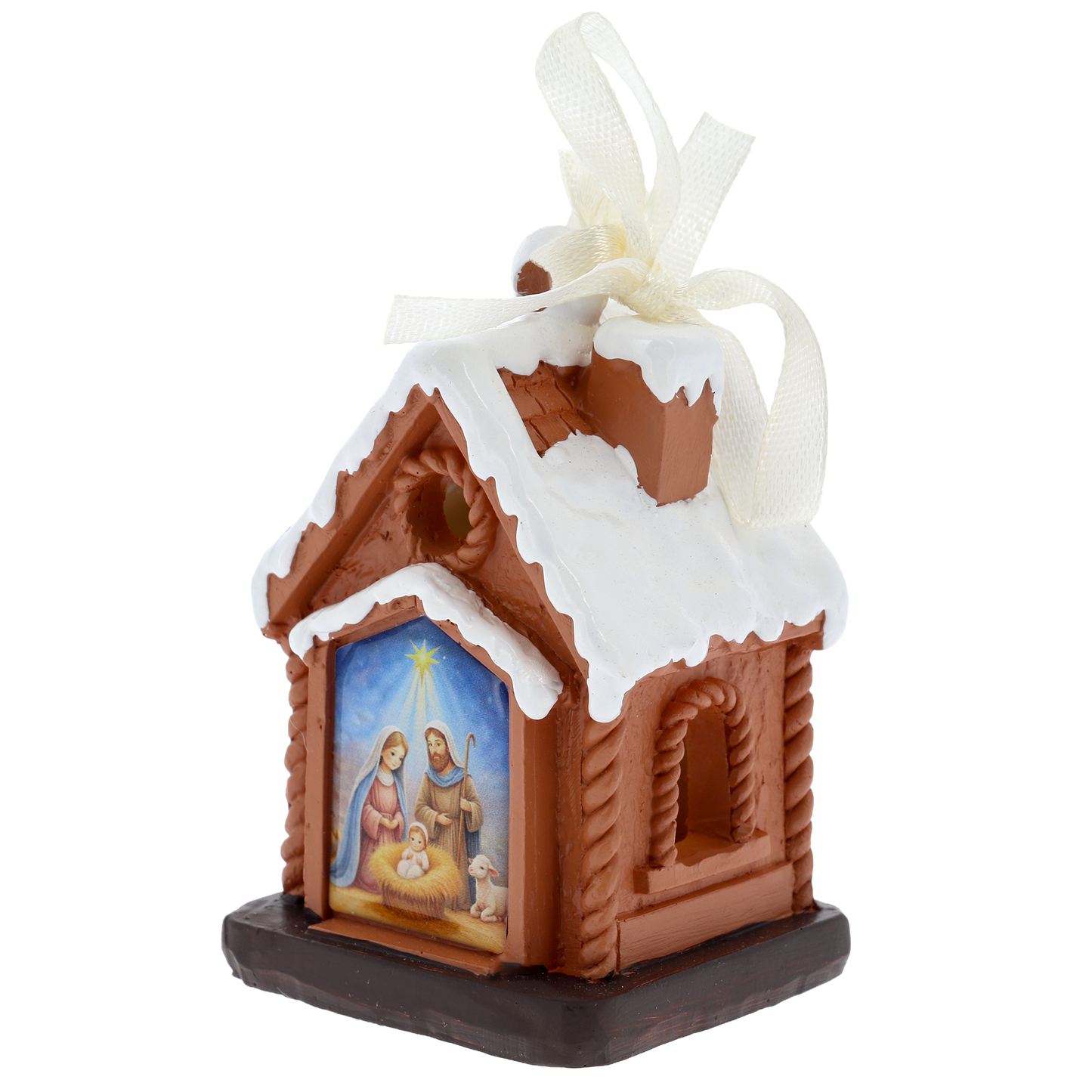 Casetta Natività con luce LED. Decorazione natalizia con Sacra Famiglia. Altezza 7 cm