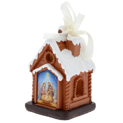 Casetta Natività con luce LED. Decorazione natalizia con Sacra Famiglia. Altezza 7 cm