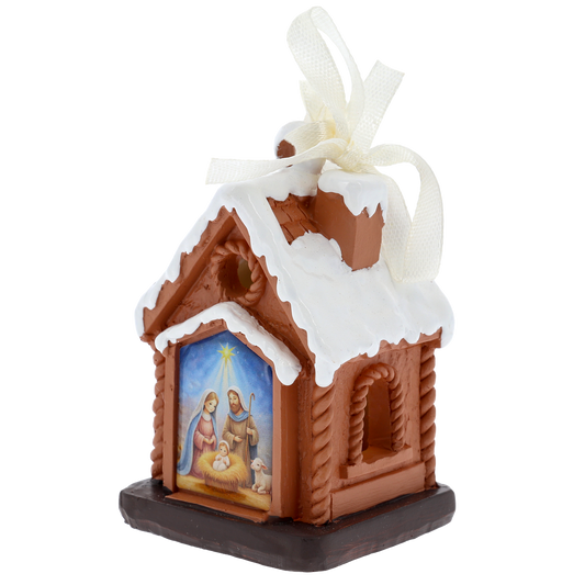 Casetta Natività con luce LED. Decorazione natalizia con Sacra Famiglia. Altezza 7 cm