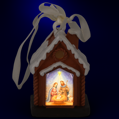 Casetta Natività con luce LED. Decorazione natalizia con Sacra Famiglia. Altezza 7 cm