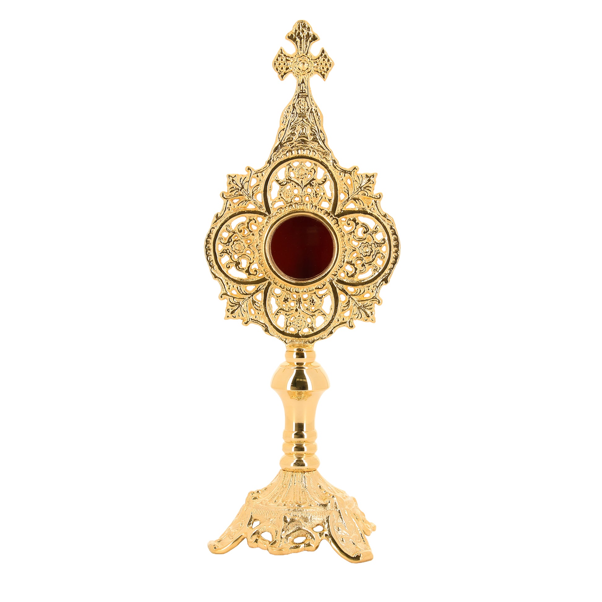 Reliquiario in ottone dorato. Altezza 34 cm
