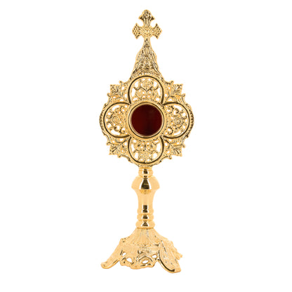 Reliquiario in ottone dorato. Altezza 34 cm