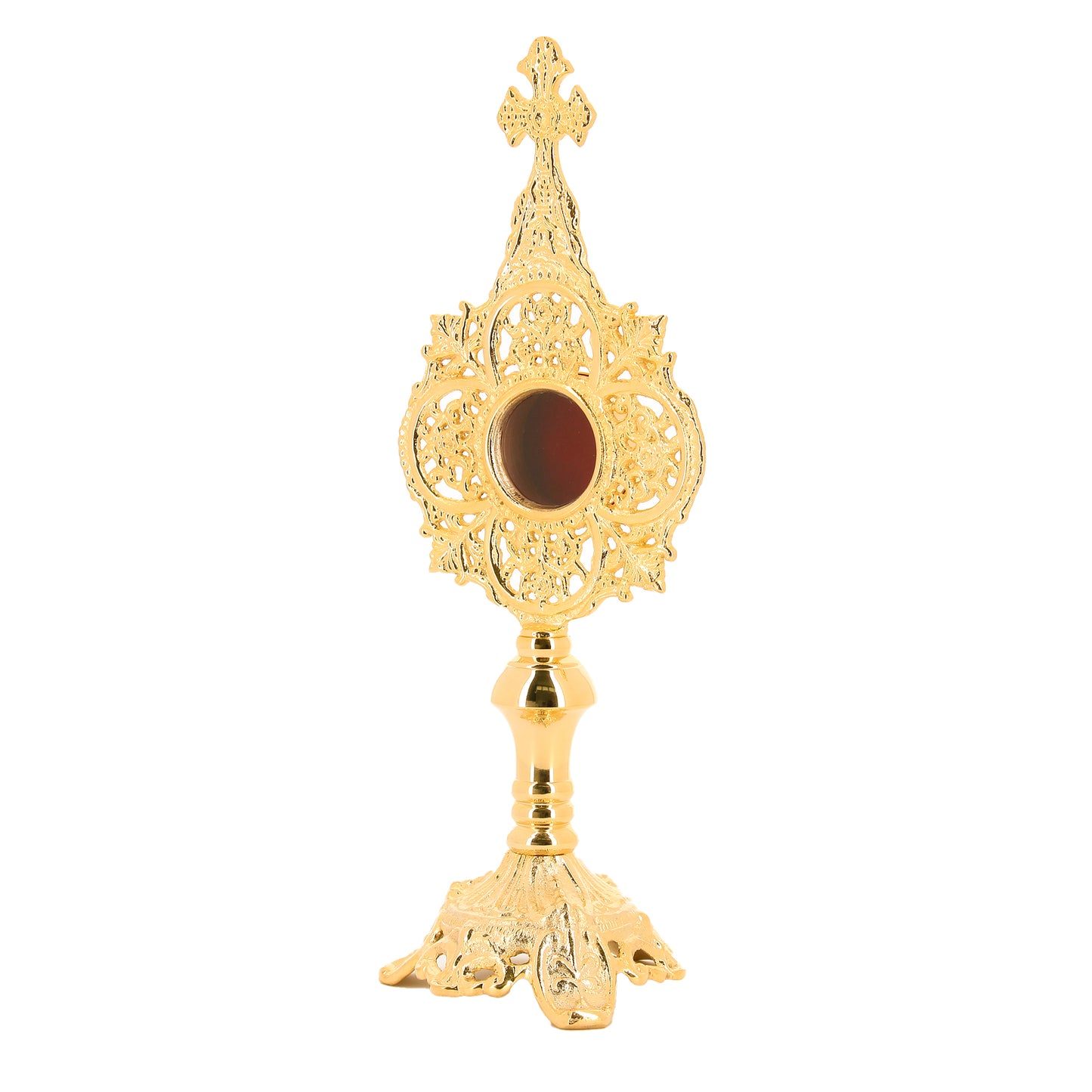Reliquiario in ottone dorato. Altezza 34 cm