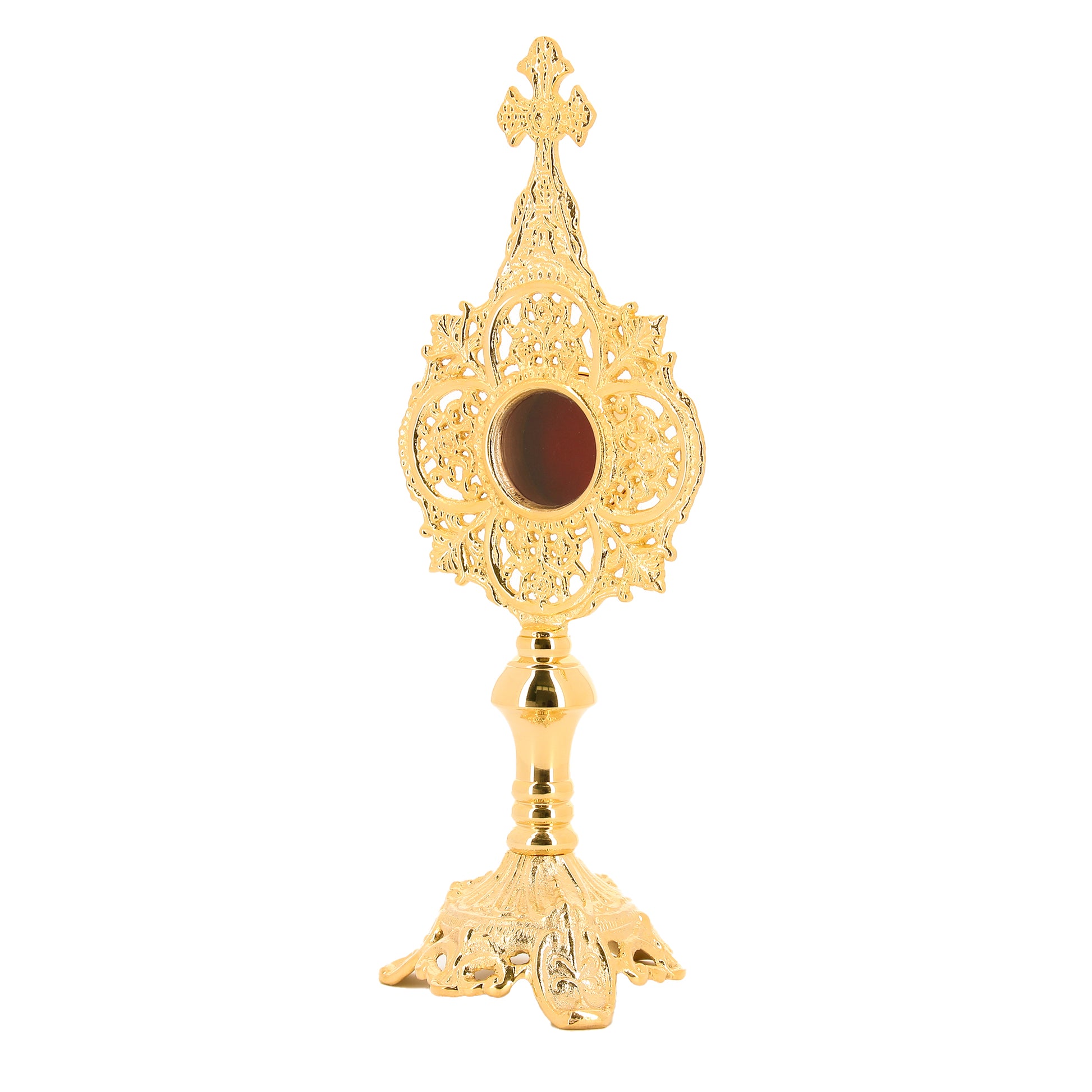 Reliquiario in ottone dorato. Altezza 34 cm