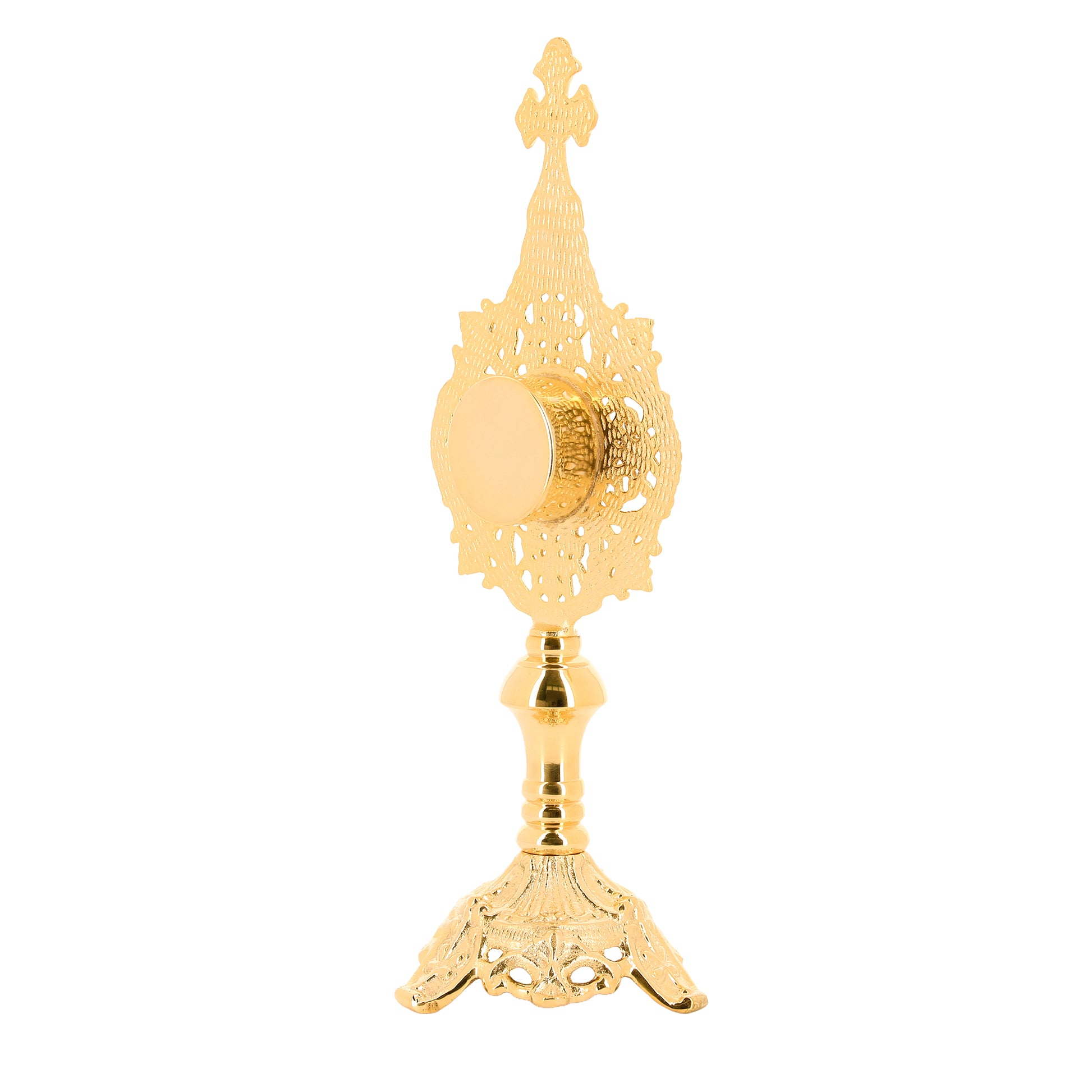 Reliquiario in ottone dorato. Altezza 34 cm