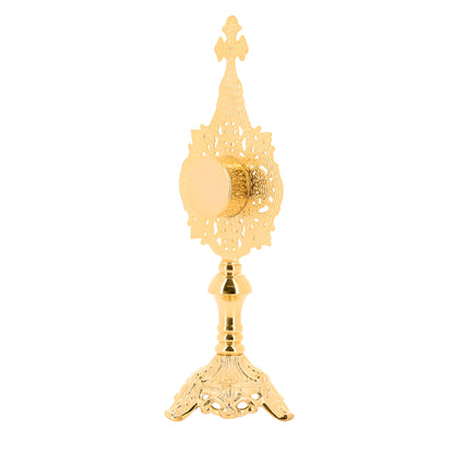 Reliquiario in ottone dorato. Altezza 34 cm