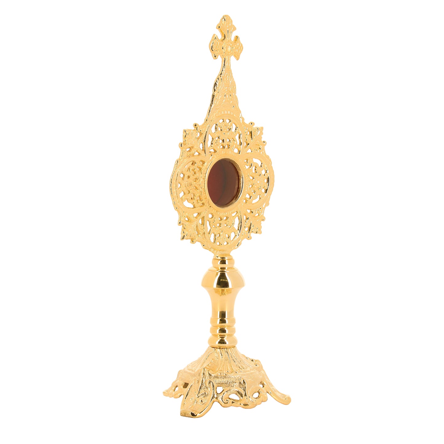 Reliquiario in ottone dorato. Altezza 34 cm