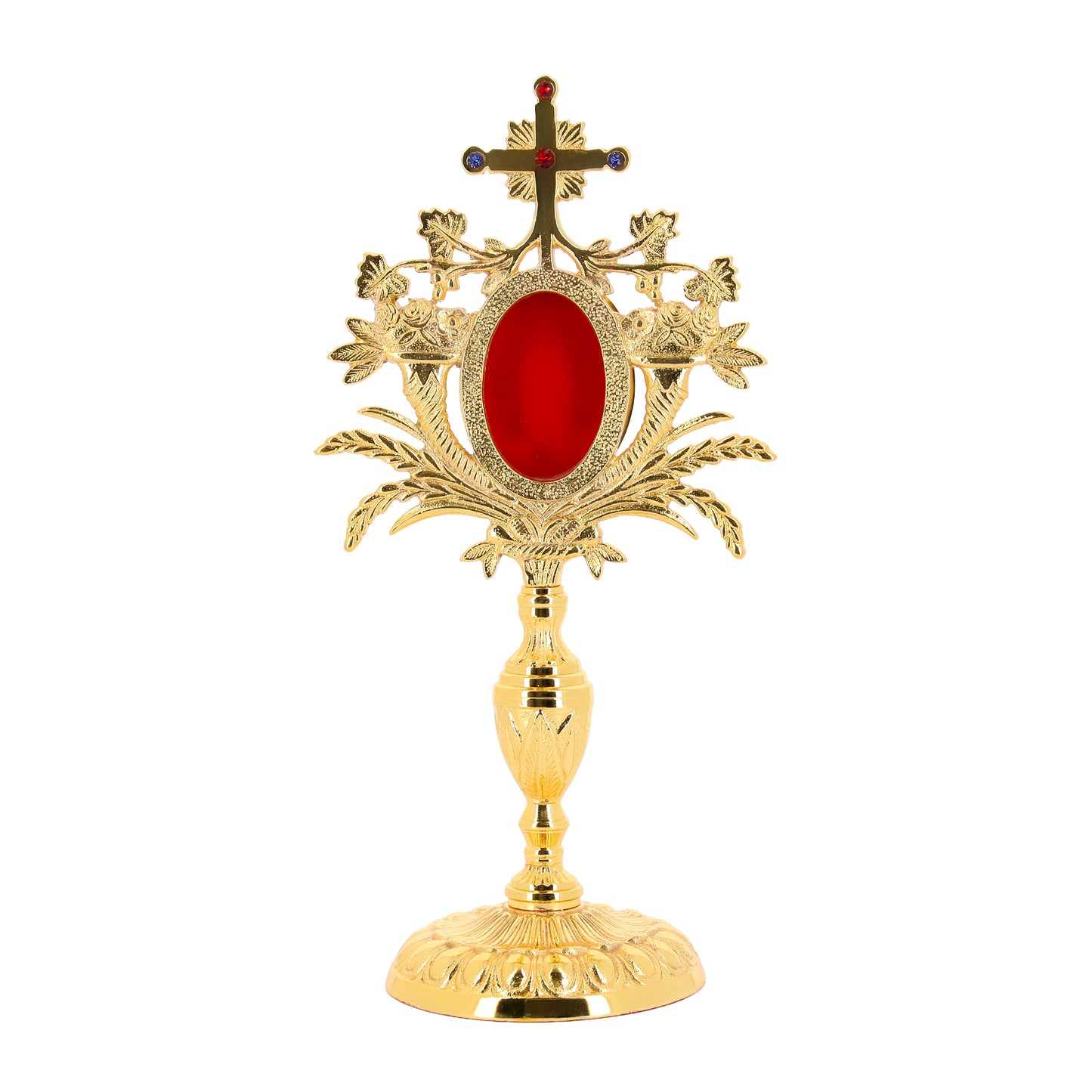 Reliquiario in ottone dorato con pietre. Altezza 33 cm