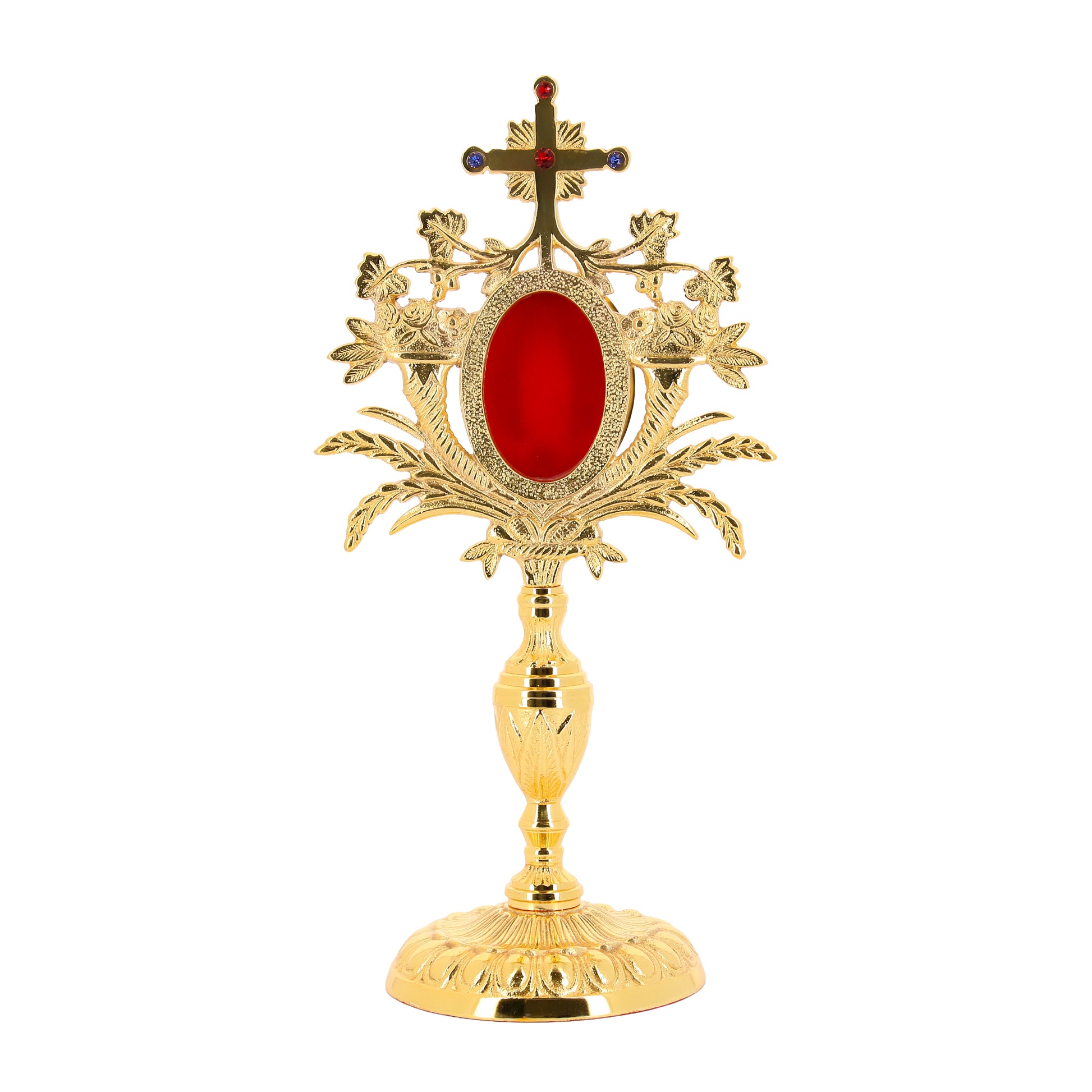 Reliquiario in ottone dorato con pietre. Altezza 33 cm