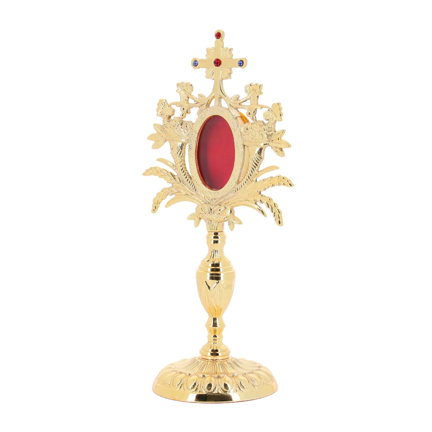 Reliquiario in ottone dorato con pietre. Altezza 33 cm