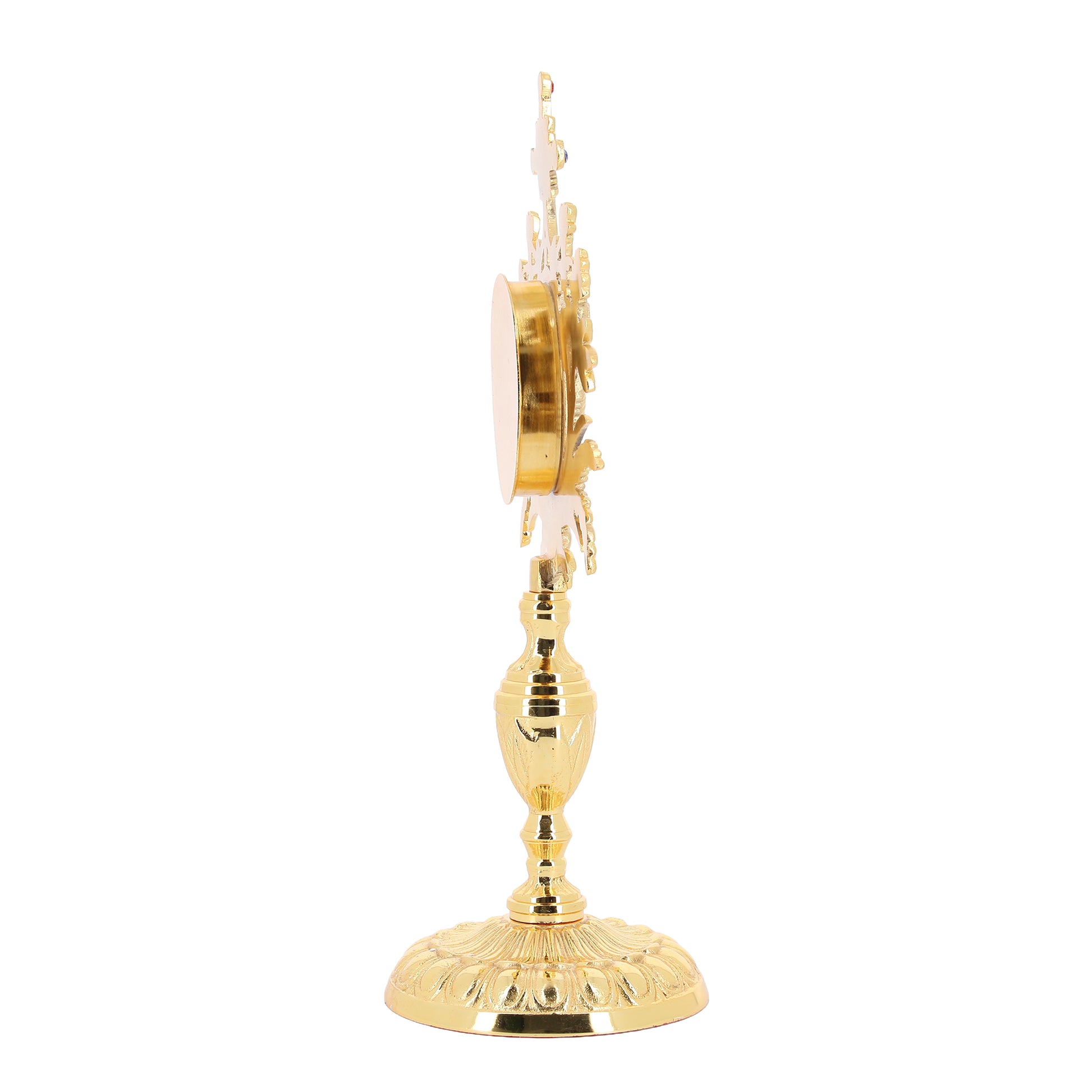 Reliquiario in ottone dorato con pietre. Altezza 33 cm