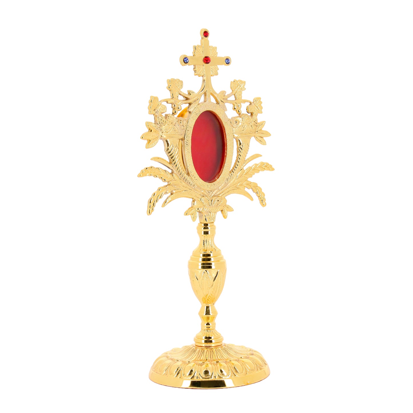 Reliquiario in ottone dorato con pietre. Altezza 33 cm