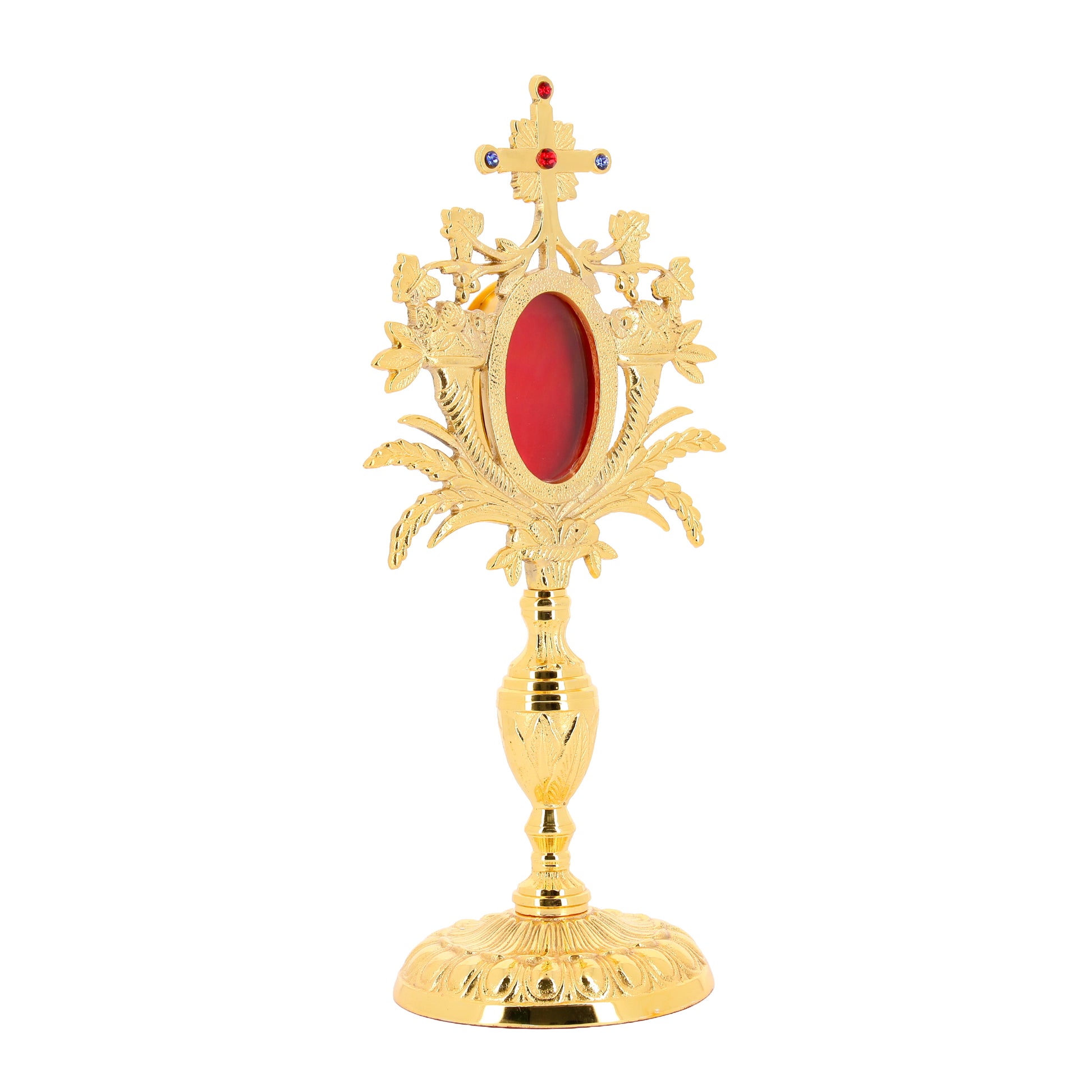 Reliquiario in ottone dorato con pietre. Altezza 33 cm