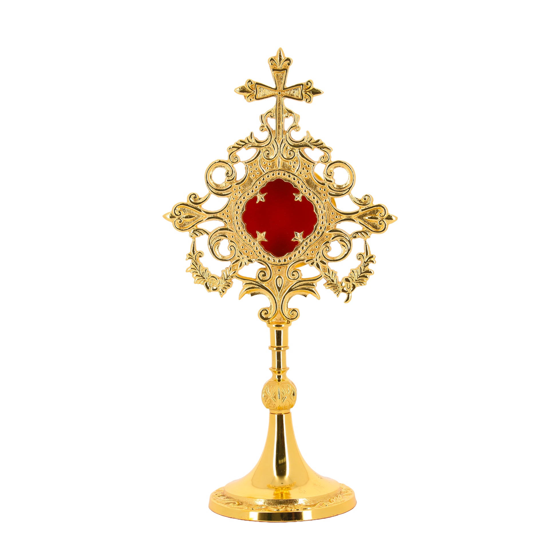 Reliquiario in ottone dorato. Altezza 34 cm