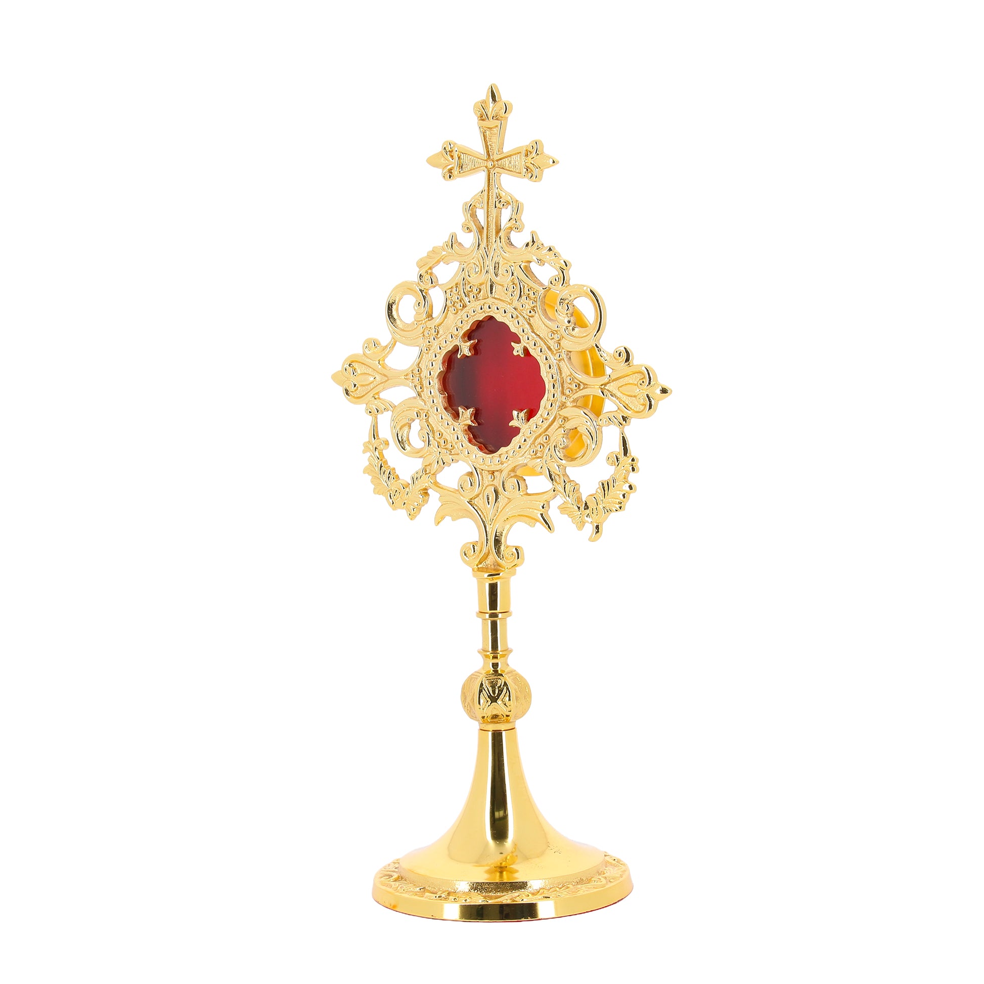 Reliquiario in ottone dorato. Altezza 34 cm