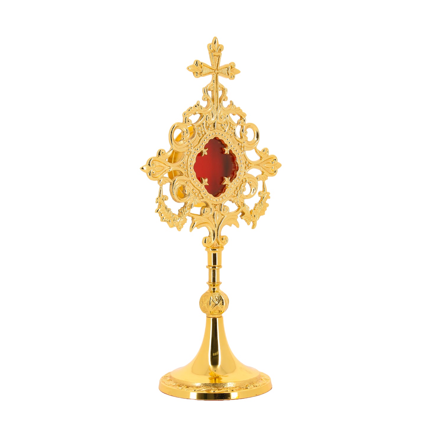 Reliquiario in ottone dorato. Altezza 34 cm