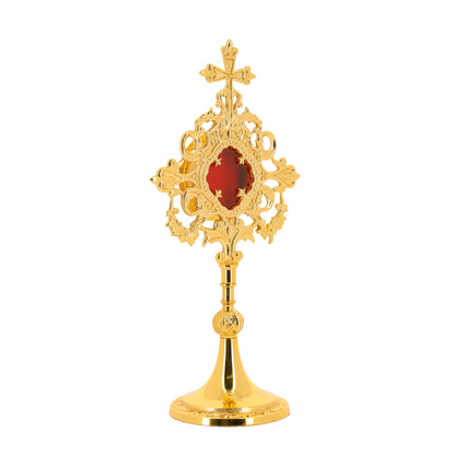 Reliquiario in ottone dorato. Altezza 34 cm