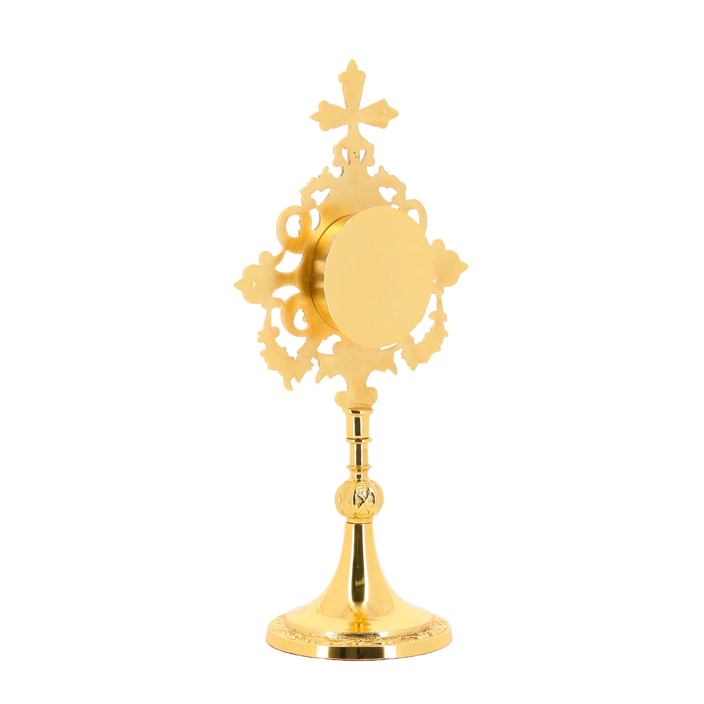 Reliquiario in ottone dorato. Altezza 34 cm
