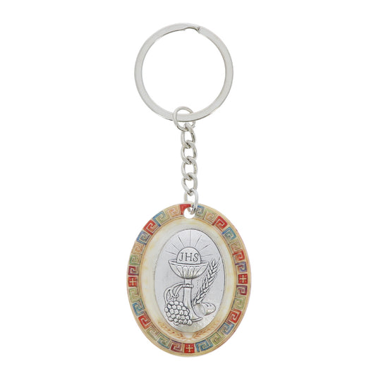 Portachiavi Ricordo Prima Comunione con Calice IHS e Confezione in Cartoncino – 4 cm