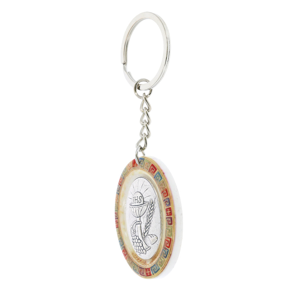 Portachiavi Ricordo Prima Comunione con Calice IHS e Confezione in Cartoncino – 4 cm