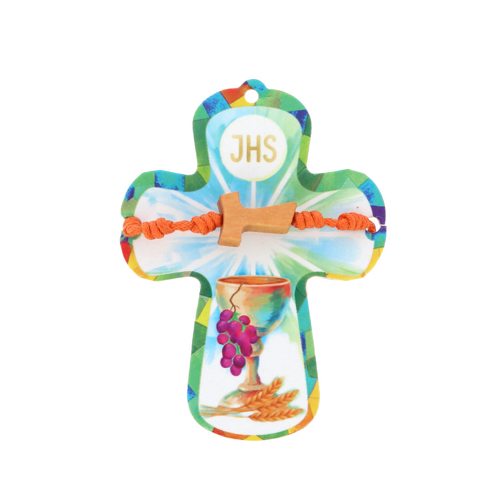 Croce Ricordo Prima Comunione in Cartoncino Plastificato con Bracciale – 9 cm