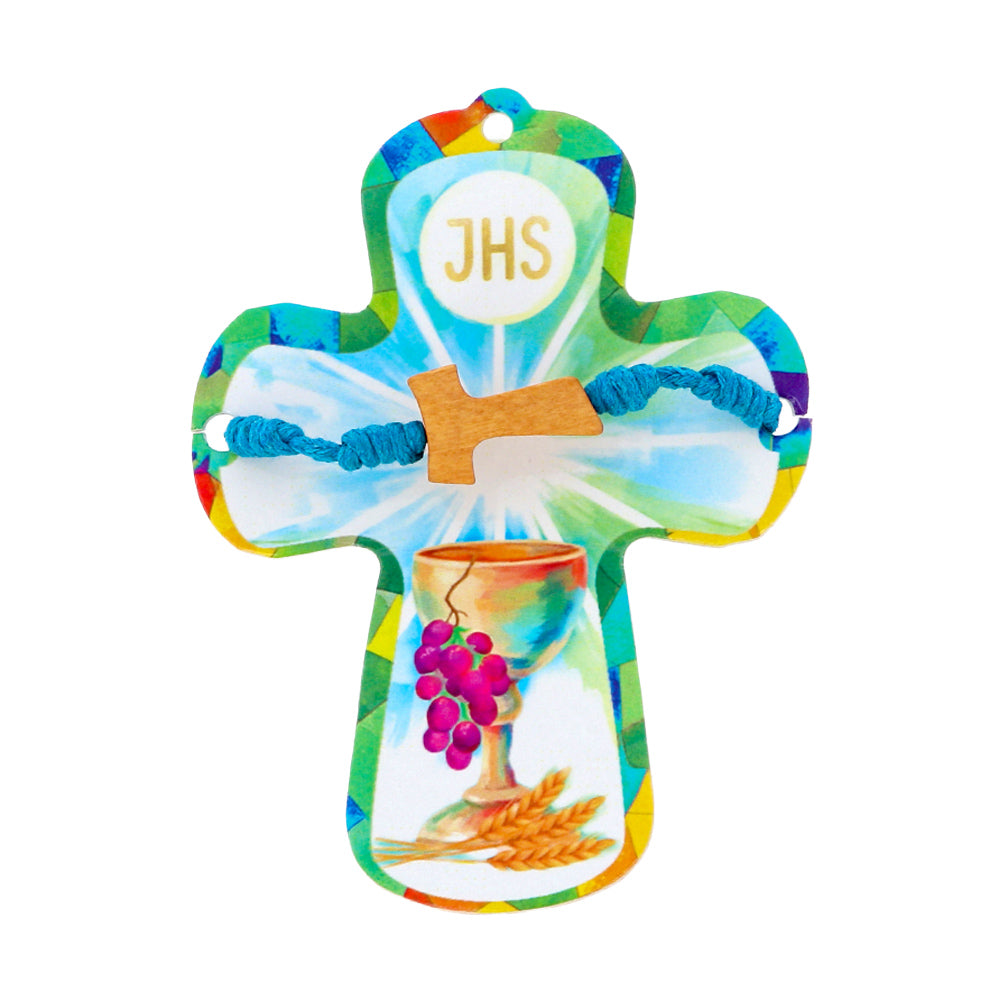 Croce Ricordo Prima Comunione in Cartoncino Plastificato con Bracciale – 9 cm