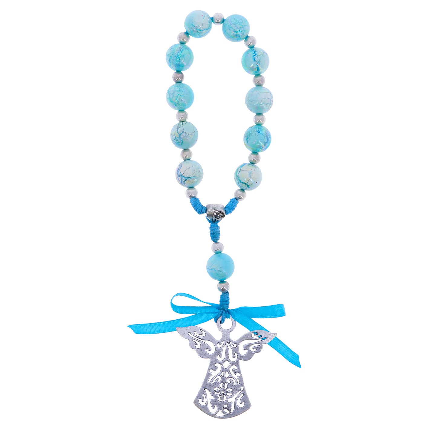 Decina da muro azzurra con angelo pendente in acciaio 5,5x22 cm
