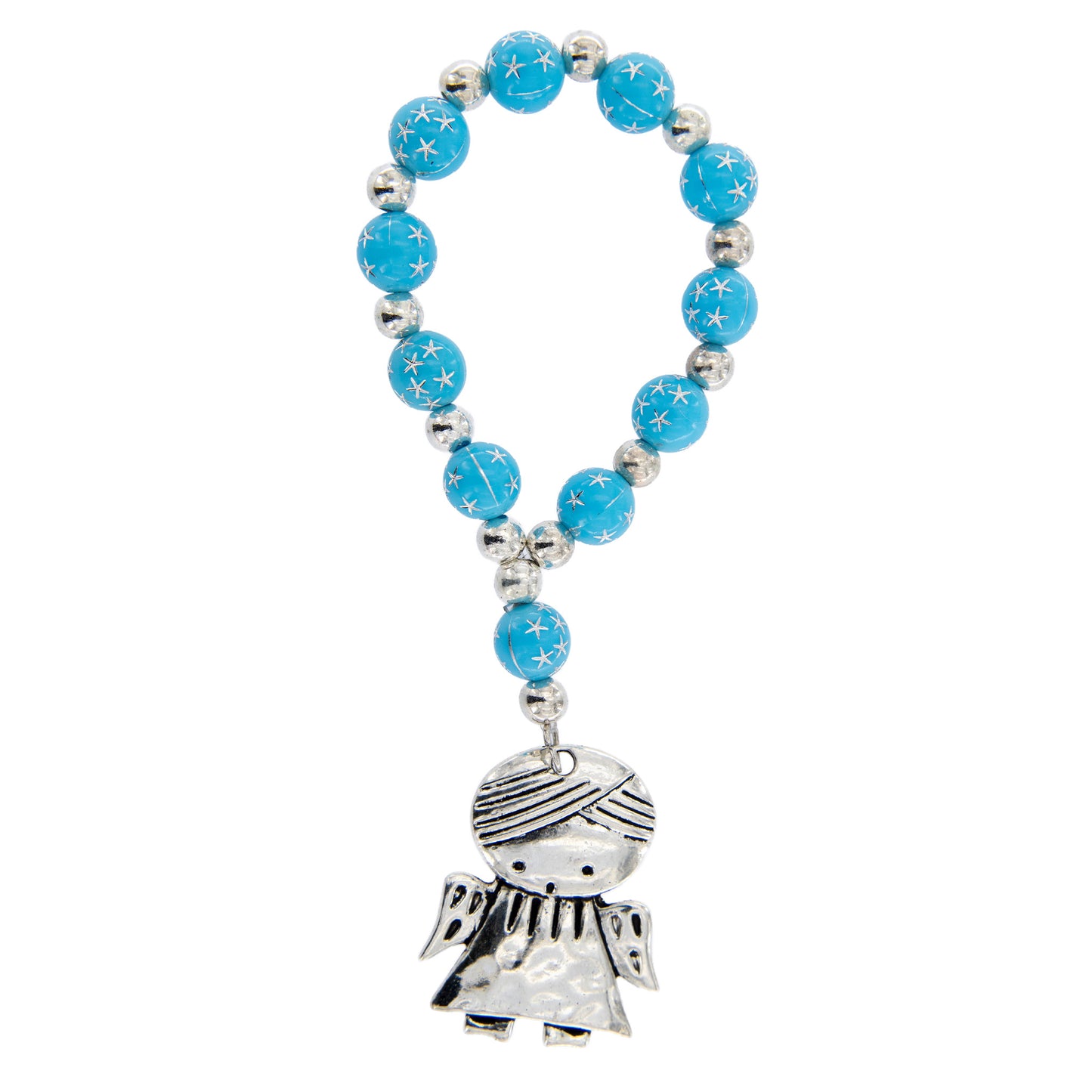 Decina elastica azzurra con grani 8 mm e angelo