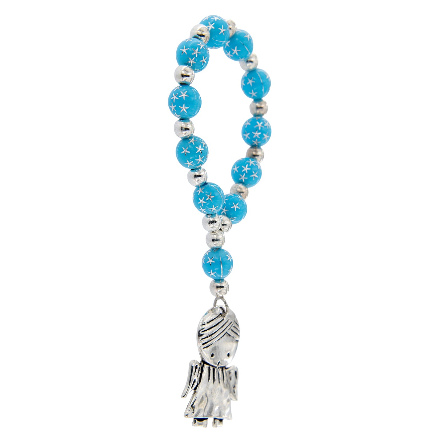 Decina elastica azzurra con grani 8 mm e angelo