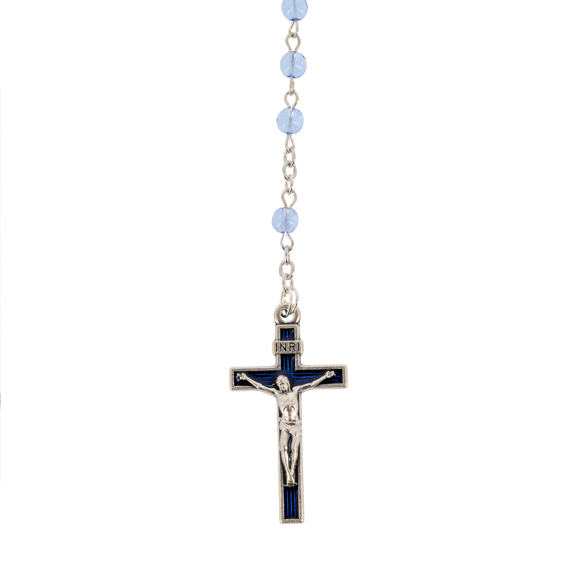 Portarosario in metallo, smaltato, con Madonna di Lourdes e rosario in vetro abbinato
