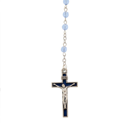 Portarosario in metallo, smaltato, con Madonna di Lourdes e rosario in vetro abbinato