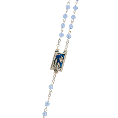 Portarosario in metallo, smaltato, con Madonna di Lourdes e rosario in vetro abbinato