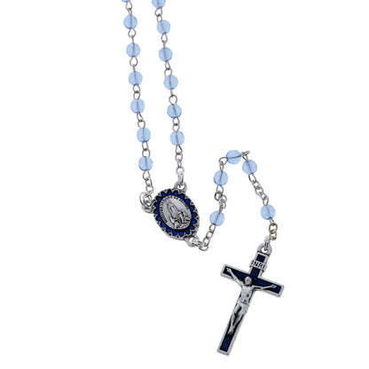 Portarosario in metallo, smaltato, con Madonna di Fatima e rosario  in vetro abbinato