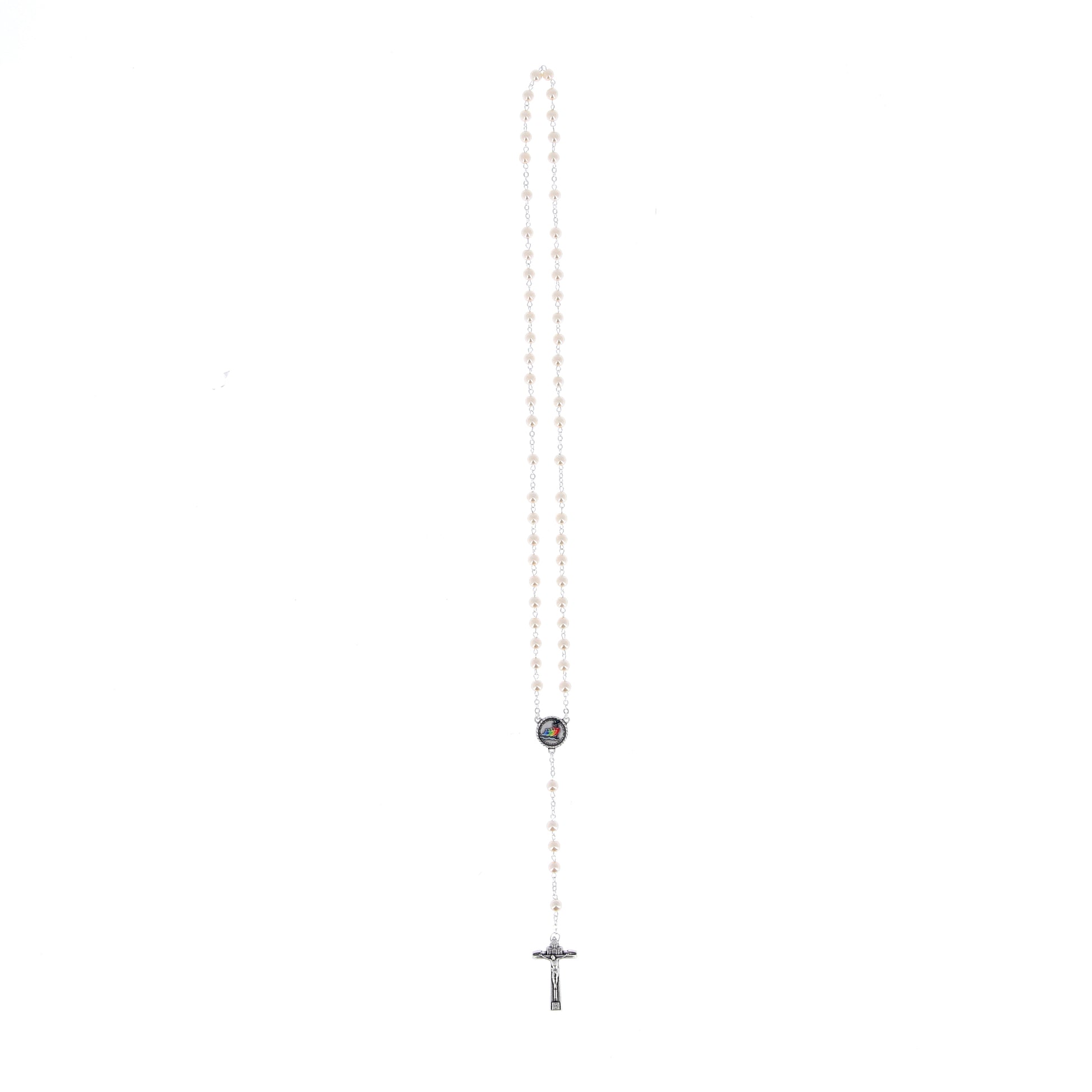 Corona del Giubileo con grani in vetro perlato bianco 6 mm e confezione