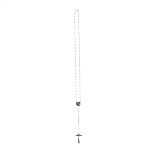 Corona del Giubileo con grani in vetro perlato bianco 6 mm e confezione
