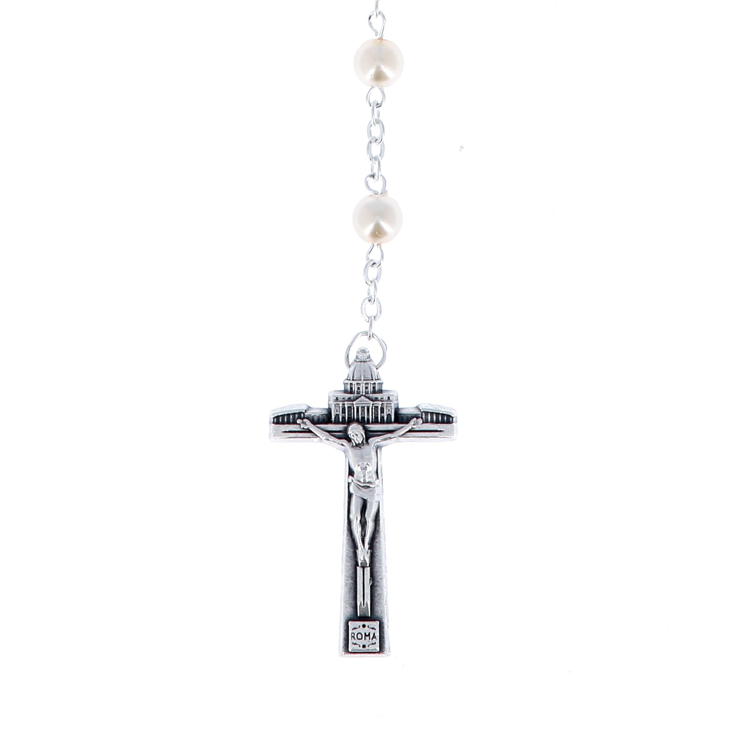 Corona del Giubileo con grani in vetro perlato bianco 6 mm e confezione