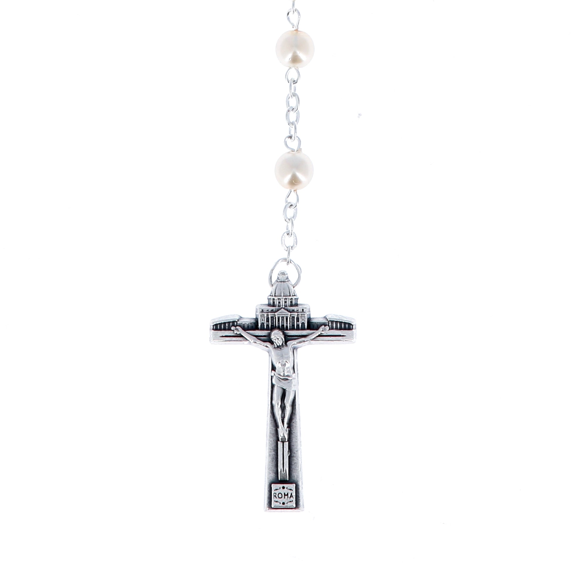 Corona del Giubileo con grani in vetro perlato bianco 6 mm e confezione