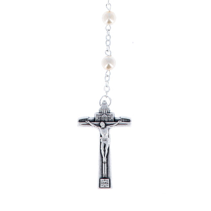 Corona del Giubileo con grani in vetro perlato bianco 6 mm e confezione