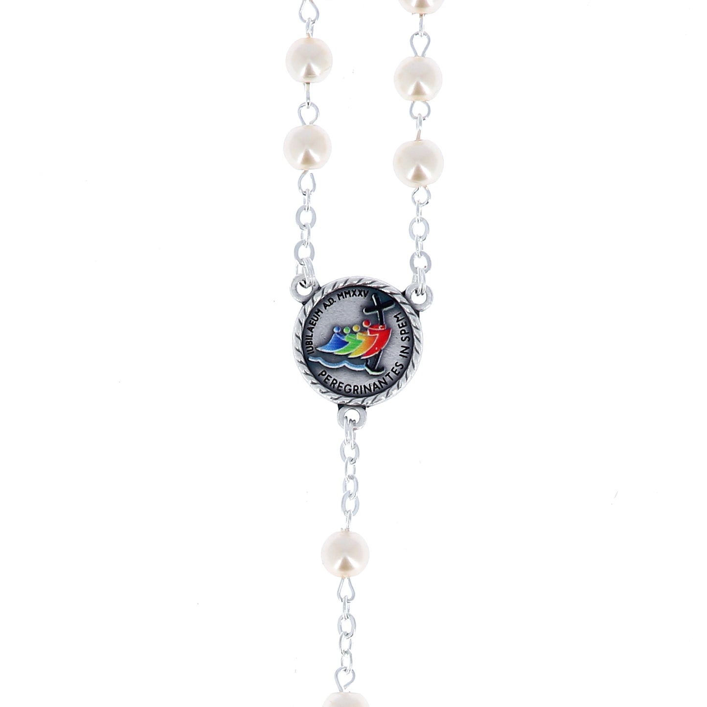 Corona del Giubileo con grani in vetro perlato bianco 6 mm e confezione
