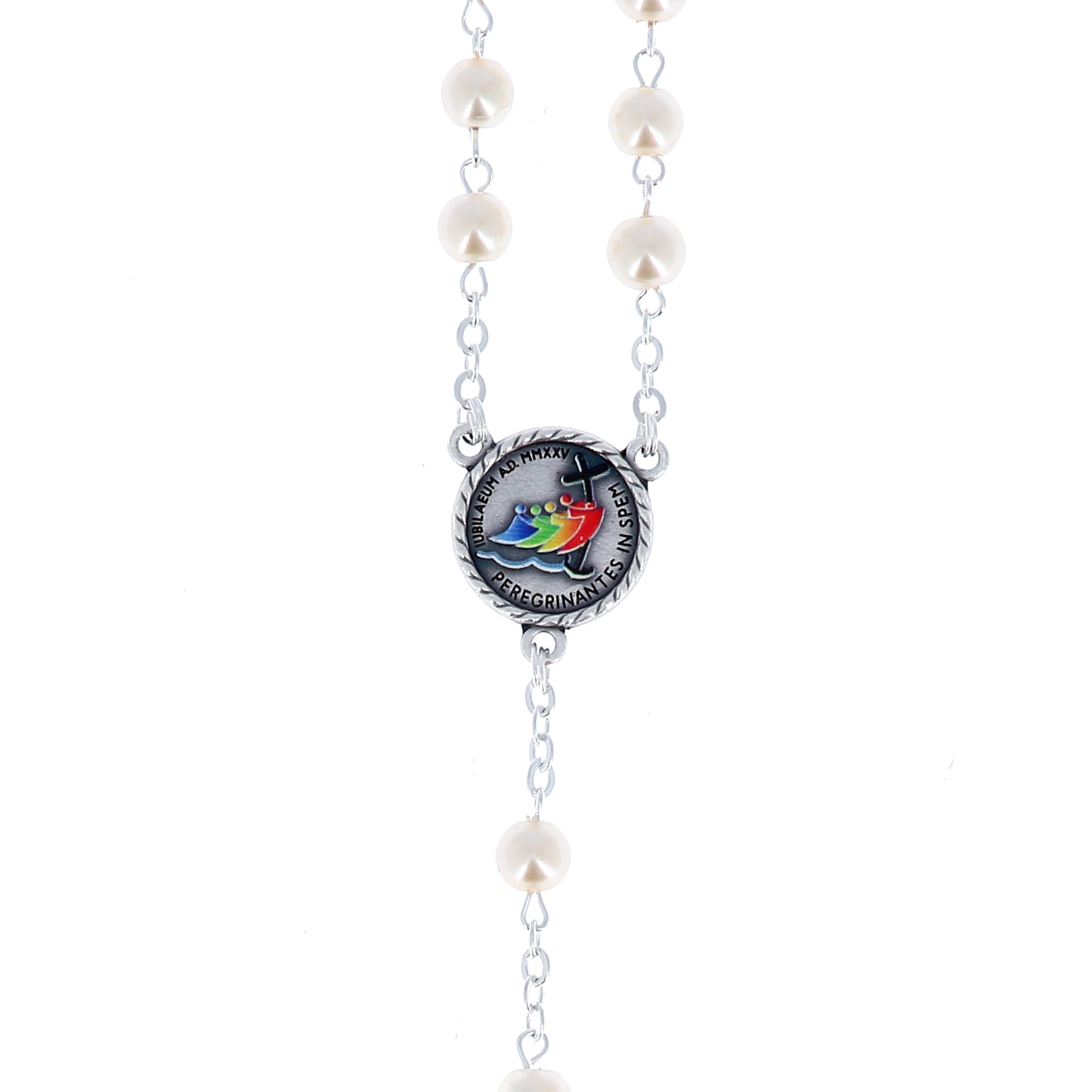 Corona del Giubileo con grani in vetro perlato bianco 6 mm e confezione