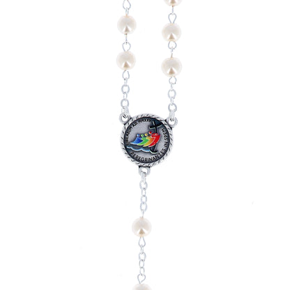 Corona del Giubileo con grani in vetro perlato bianco 6 mm e confezione
