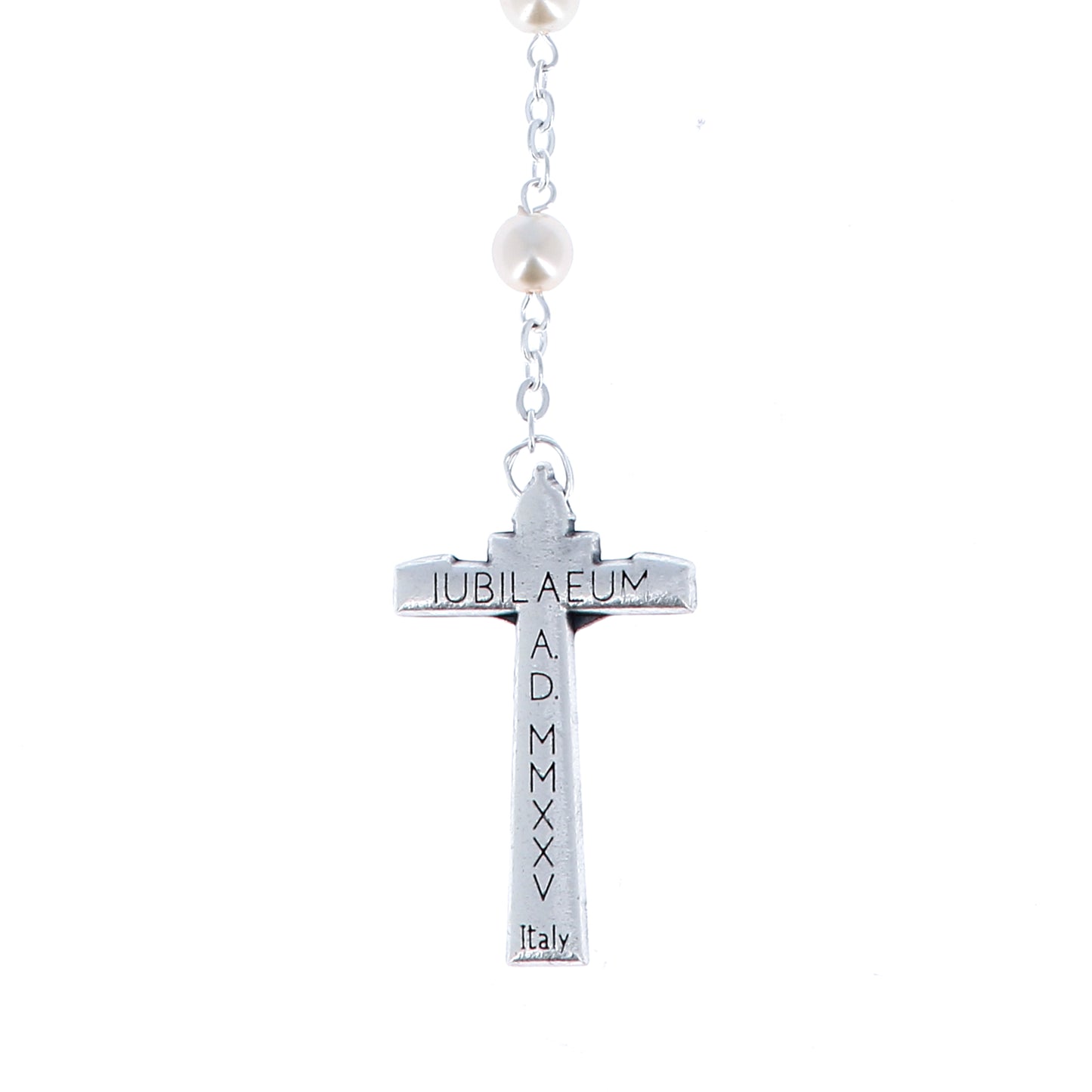 Corona del Giubileo con grani in vetro perlato bianco 6 mm e confezione