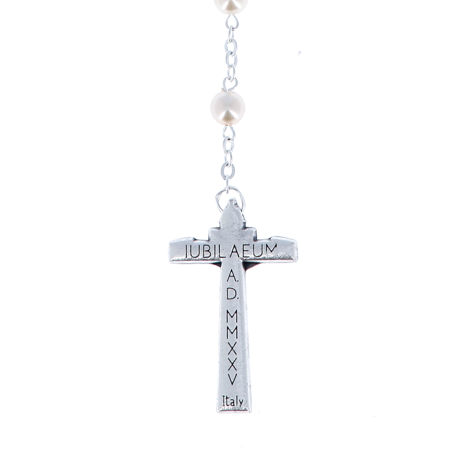 Corona del Giubileo con grani in vetro perlato bianco 6 mm e confezione