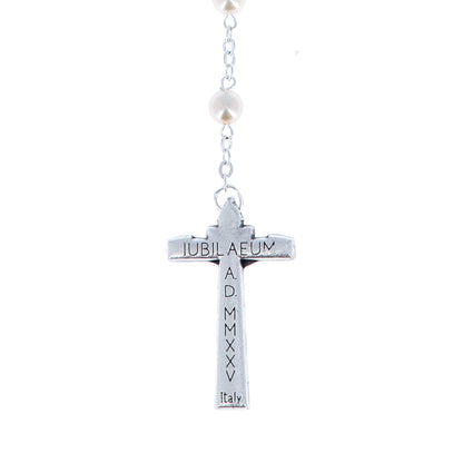 Corona del Giubileo con grani in vetro perlato bianco 6 mm e confezione