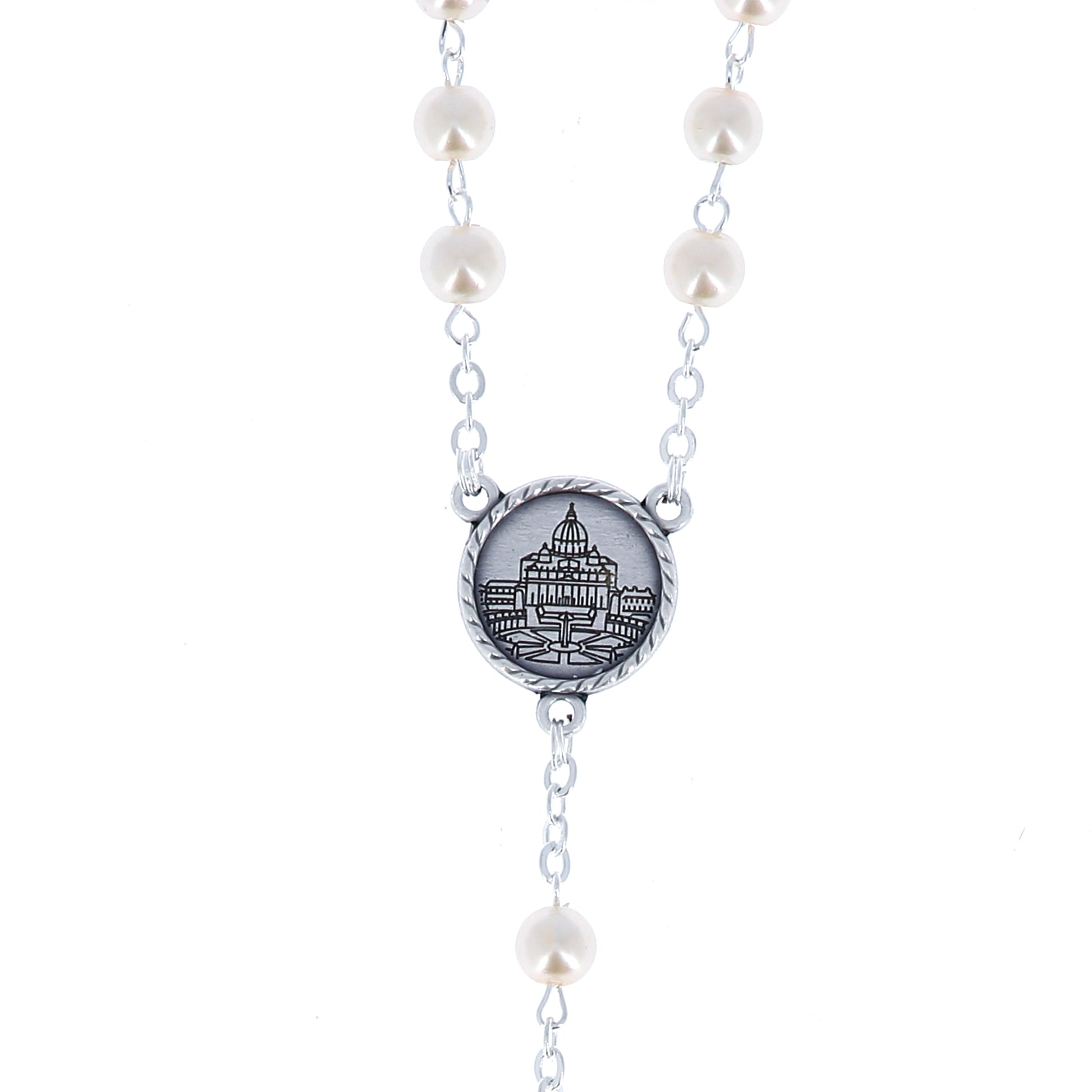Corona del Giubileo con grani in vetro perlato bianco 6 mm e confezione