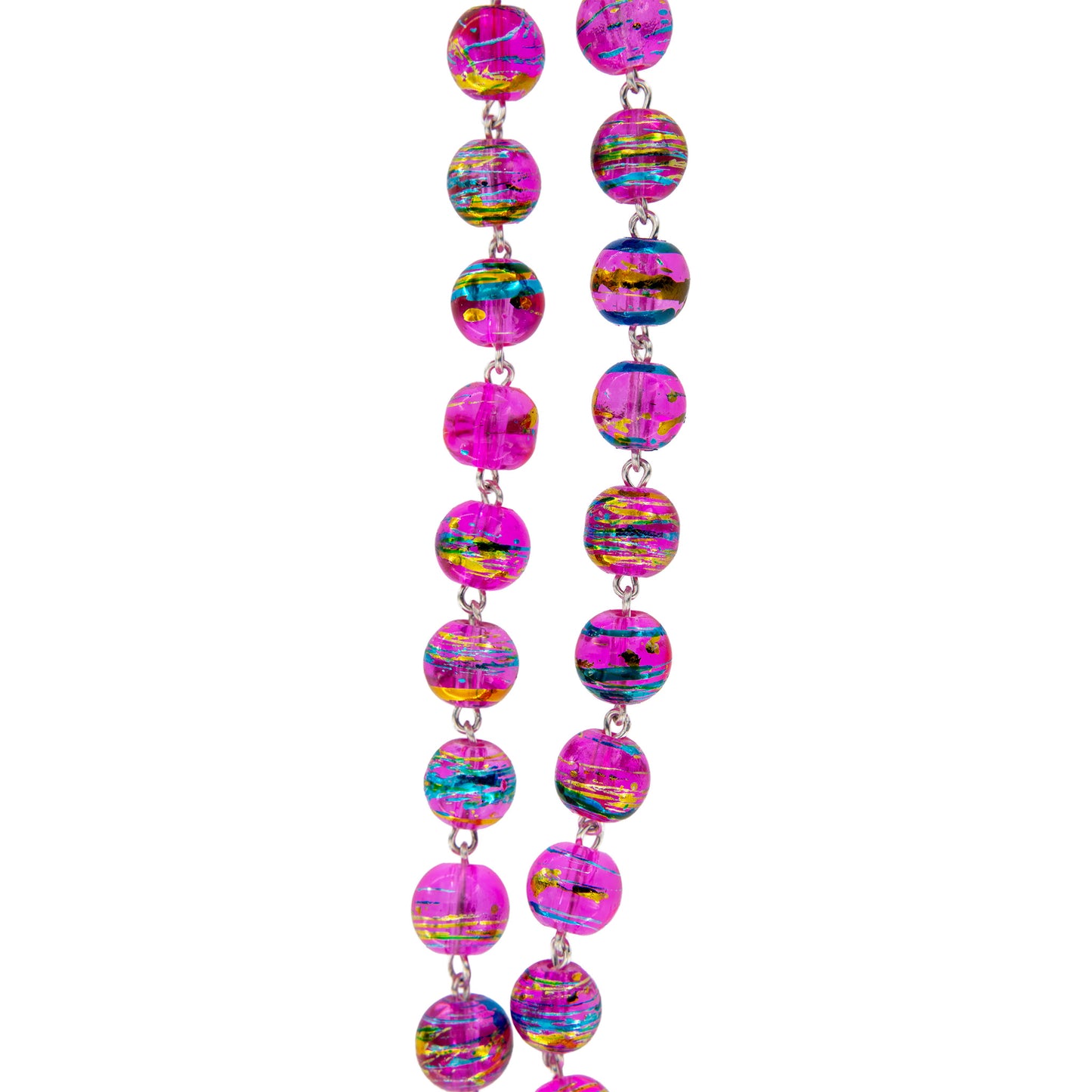 Rosario con grani 10 mm con motivo astratto fucsia e oro